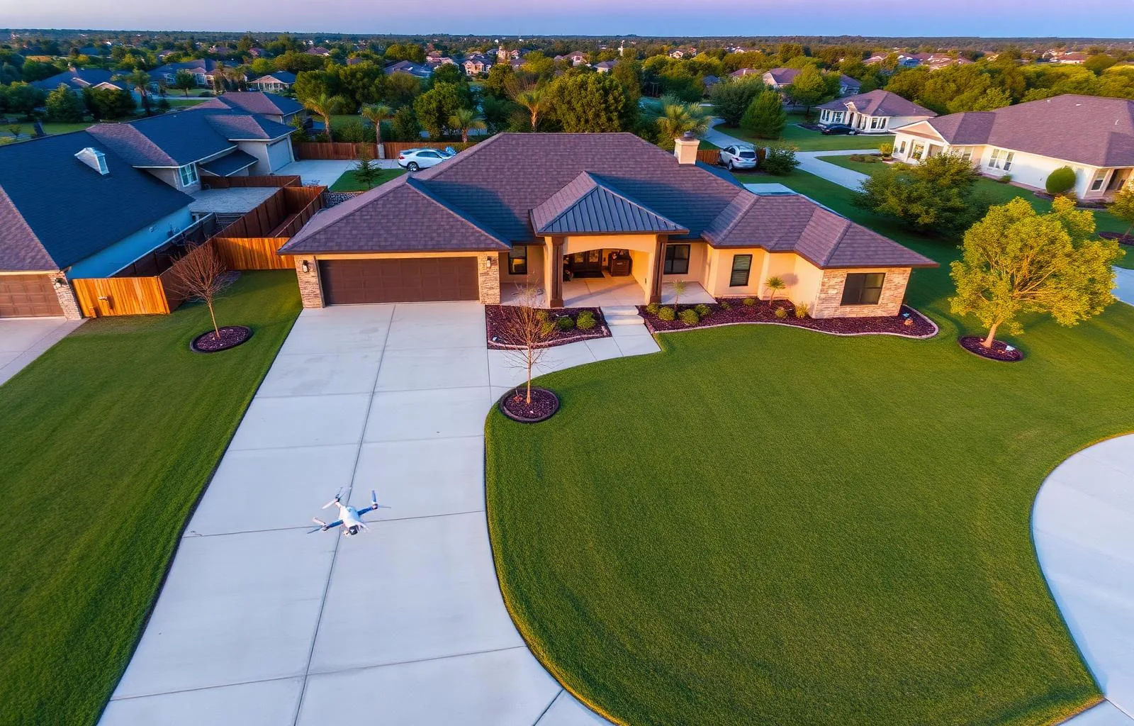 Aerial view of completed concrete driveway in South Arlington