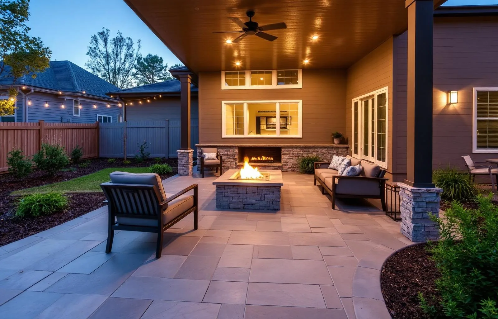 Stamped concrete patio with fire pit in Mansfield